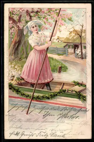 Lithographie Spreewälderin in Tracht im geschmückten Kahn