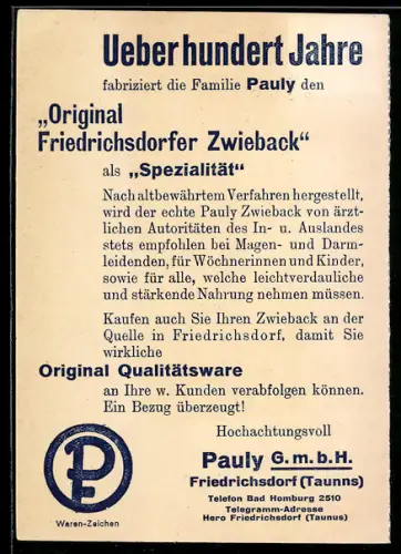 AK Reklame für Friedrichsdorfer Zwieback von der Familie Pauly