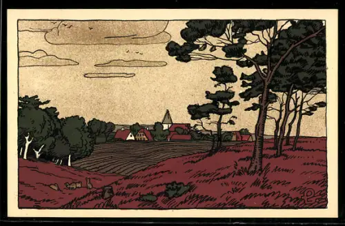 Steindruck-AK Heidedorf in der Lüneburger Heide