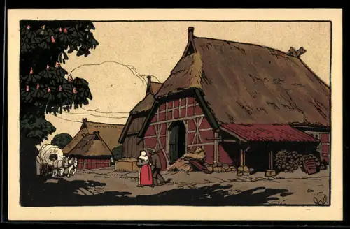 Steindruck-AK Dorfstrasse in der Lüneburger Heide