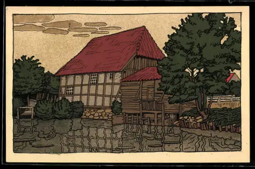 Steindruck-AK Alte Wassermühle in der Lüneburger Heide