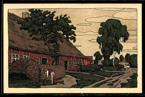 Steindruck-AK Dorfkathe in der Lüneburger Heide