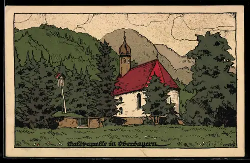 Steindruck-AK Waldkapelle in Oberbayern, Aussenansicht mit Umgebung, Marterl