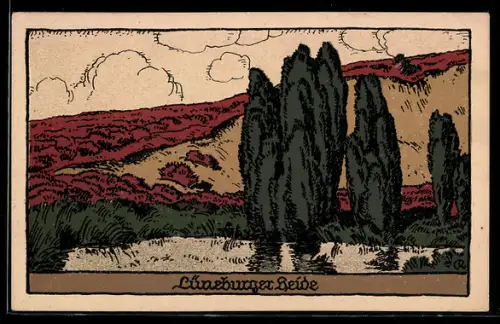 Steindruck-AK Landschaftsmotiv in der Lüneburger Heide