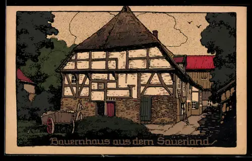 Steindruck-AK Bauernhaus im Sauerland, Aussenansicht