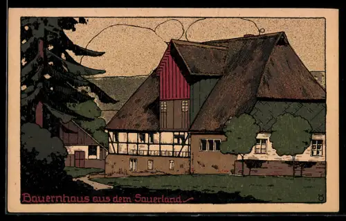 Steindruck-AK Bauernhaus im Sauerland, Aussenansicht