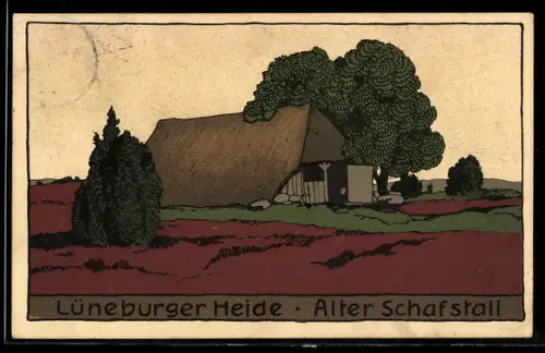 Steindruck-AK Alter Schafstall in der Lüneburger Heide