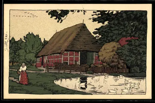 Steindruck-AK Dorfidyll in der Lüneburger Heide