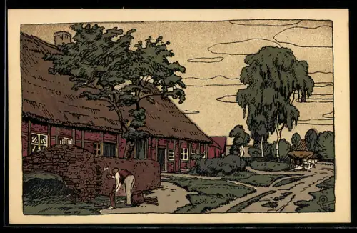 Steindruck-AK Lüneburger Heide, Dorfkathe