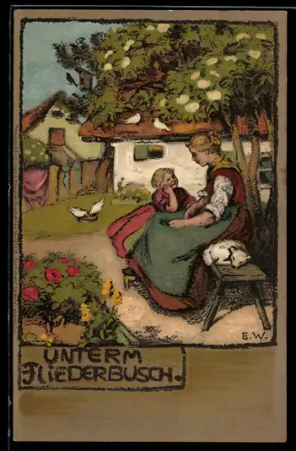 Künstler-AK Meissner & Buch (M&B) Nr. 1329: Dorfleben, Unterm Fliederbusch, im Garten