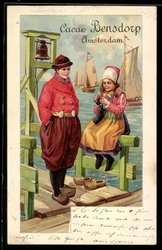Lithographie Matrose in Plüschhose und strickendes Mädchen, Cacao Bensdorp, Amsterdam