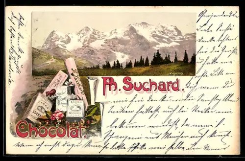 AK Wengernalp, Schokoladen-Reklame für Chocolat Ph. Suchard