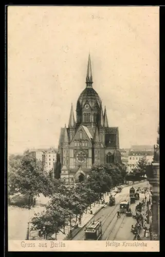 AK Berlin-Kreuzberg, Zossener Strasse, Heilige Kreuzkirche mit Strassenbahn