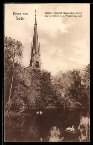 AK Berlin, Kaiser Friedrich-Gedächtnis-Kirche im Tiergarten, Schwäne auf dem Wasser