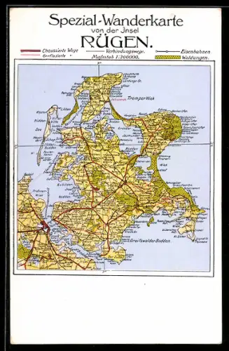AK Rügen, Spezial-Wanderkarte der Insel, Chausseewege, Eisenbahnen, Waldungen