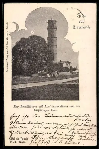 AK Travemünde, Leuchtturm mit Lotsenwachthaus und der 700jährigen Ulme