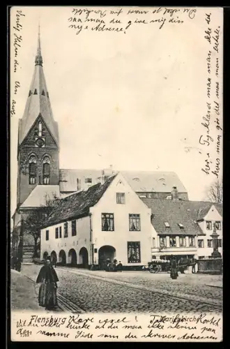 AK Flensburg, Strassenpartie vor der Marienkirche