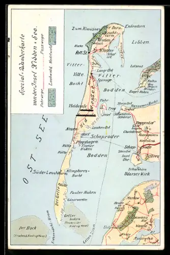 Künstler-AK Hiddensee, Landkarte der Insel mit allen Wanderzielen