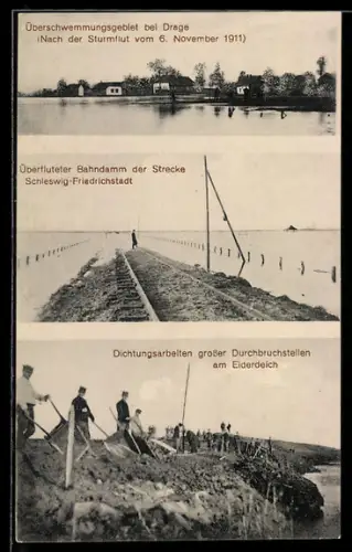 AK Drage / Nordfriesland, Hochwasser nach Sturmflut vom 6.11.1911, überfluteter Bahndamm