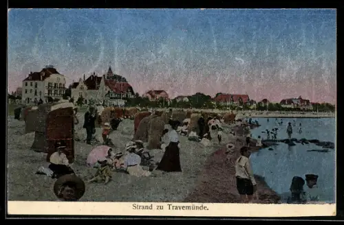 Luna-AK Travemünde, Strand mit Badegästen und Strandkörben