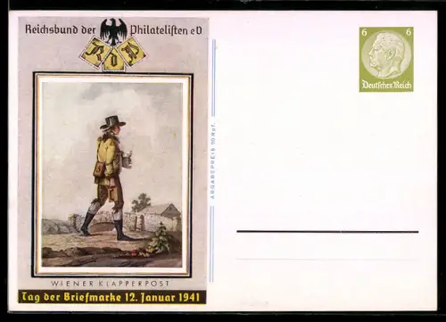 AK Reichsbund der Philatelisten e.V., Tag der Briefmarke, 12. Januar 1941, Briefträger Wiener Klapperpost, Ganzsache