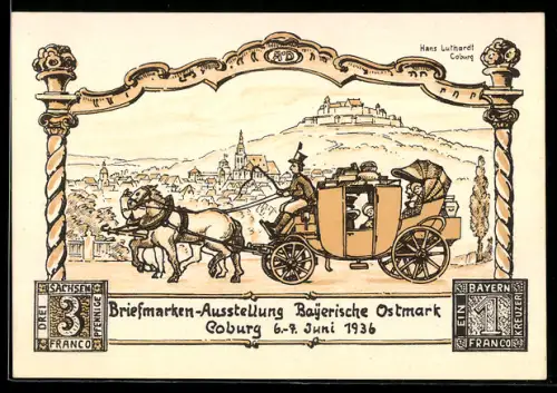 Künstler-AK Coburg, Briefmarken-Ausstellung Bayerische Ostmark 1936, Postkutsche, 3 Franco-Briefmarke, Ganzsache