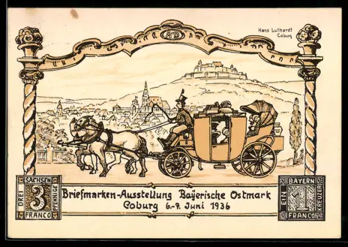 Künstler-AK Coburg, Briefmarken-Ausstellung Bayerische Ostmark 1936, Postkutsche, 3 Franco-Briefmarke, Ganzsache