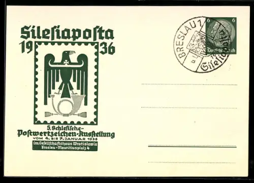 AK Breslau, 5. Schlesische Postwertzeichen-Ausstellung Silesiaposta 1936, Ganzsache