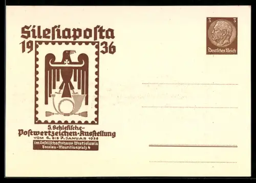 AK Breslau, 5. Schlesische Postwertzeichen-Ausstellung Silesiaposta 1936, Ganzsache