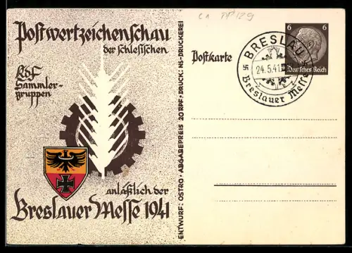 AK Breslau, Postwertzeichenschau der Schlesischen KDF-Sammlergruppen, Breslauer Messe 1941, Ganzsache
