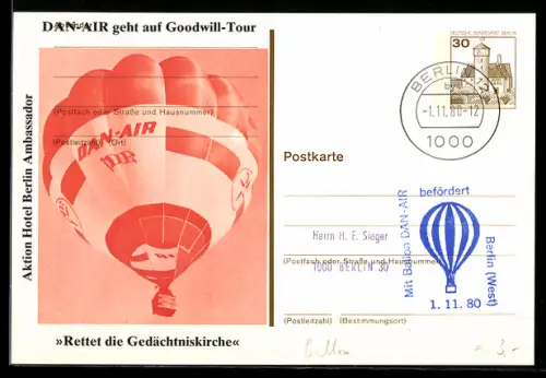 AK Heissluftballon Dan-Air, Aktion Hotel Berlin Ambassador, Stempel Mit Ballon Dan-Air befördert 1980, Ballonpost