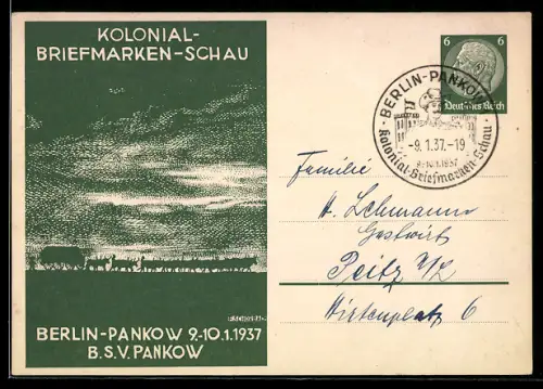 Künstler-AK Berlin-Pankow, Kolonial-Briefmarken-Schau 1937, Kolonisten-Treck, Ganzsache