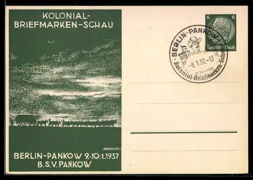 Künstler-AK Berlin-Pankow, Kolonial-Briefmarken-Schau 1937, Kolonisten-Treck, Ganzsache
