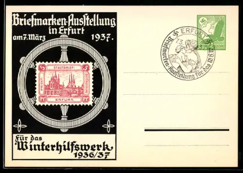 AK Erfurt, Briefmarken-Ausstellung 1937, Briefmarke Erfurter Privat Stadtbrief-Beförderung WHW Winterhilfswerk Ganzsache
