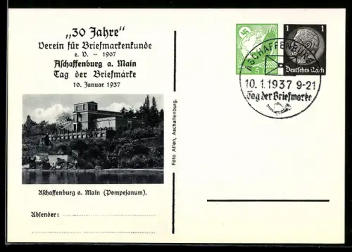 AK Ganzsache PP 122 C37: Aschaffenburg am Main, 30 Jahre Verein für Briefmarkenkunde e.V., Tag der Briefmarke 1937
