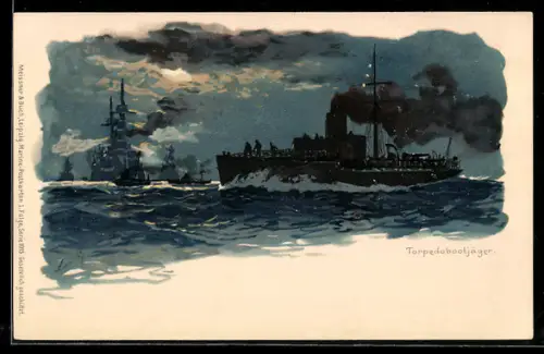 Lithographie Kriegsschiff Torpedobootjäger bei Durchbruchsmanöver durch die eigene Schlachtlinie
