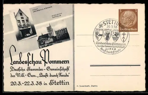 AK Stettin /Pommern, Landesschau Pommern 1938, Deutsche Sammler-Gemeinschaft der NSG, Ganzsache