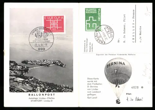 Klapp-AK Lindau, Ballonpost mit Freiballon Bernina und Ergee von Lindau bzw. Chelles zum Landeort geflogen, Stempel
