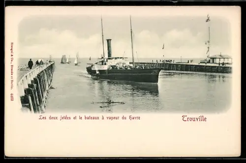 AK Trouville, Les deux jetées et le bateaux à vapeur du Havre