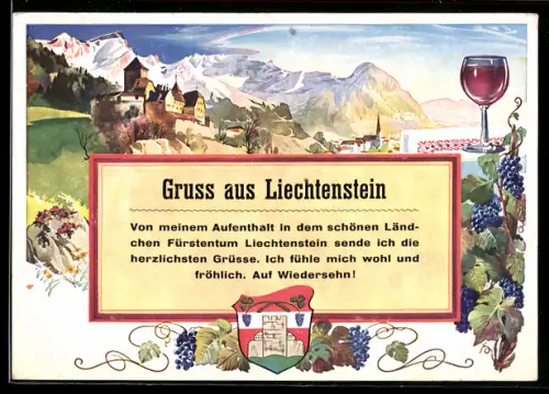 Künstler-AK Liechtenstein, Berglandschaft mit Schloss, Weintrauben und Wappen