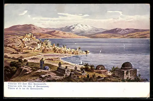 Künstler-AK Tiberias, Panorama mit dem See Genezareth