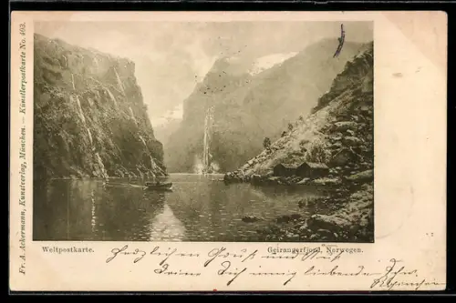 AK Geirangerfjord, Fjordpartie mit Booten und Häusern