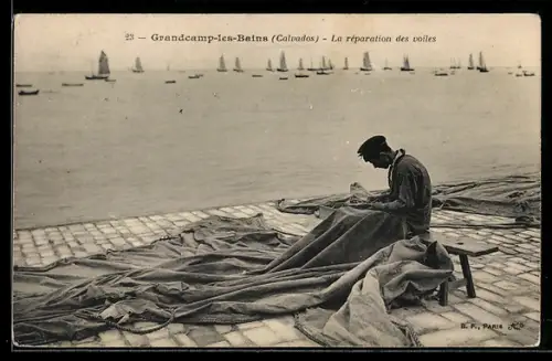 AK Grandcamp-les-Bains /Calvados, La réparation des voiles