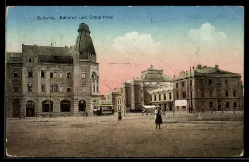 AK Budweis, Bahnhof und Grand Hotel