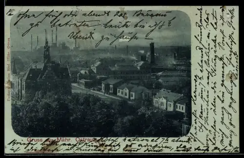 Mondschein-AK Ostrau, Panorama aus der Vogelschau