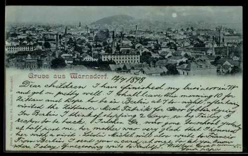 Mondschein-AK Warnsdorf, Totalansicht aus der Vogelschau