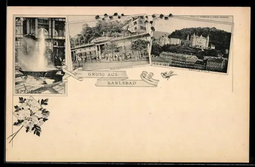 AK Karlsbad, Königsvilla, Felsenquelle, Sprudel