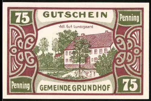 Notgeld Grundhof 1921, 75 Penning, Adliges Gut Lundsgaard und ländliche Szene mit Vieh und Feldarbeit