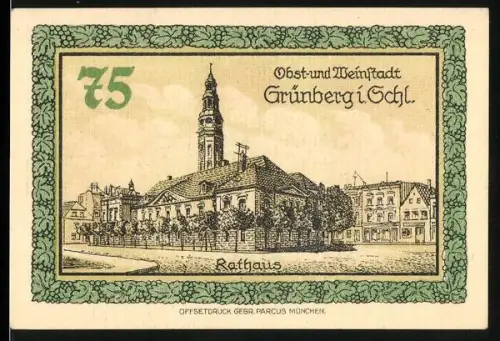 Notgeld Grünberg i. Schl. 1921, 75 Pfennig, Rathaus und Wappen mit Figurenmotiven