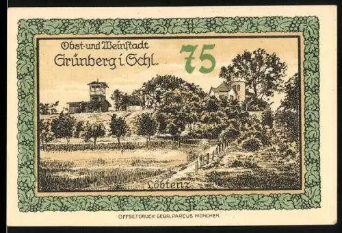 Notgeld Grünberg i. Schl. 1921, 75 Pfennig, Landschaftspartie Löbtenz und Stadtwappen mit Figuren
